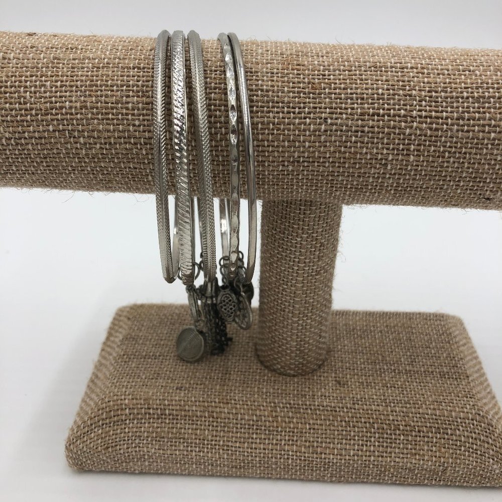 Five Silver Bangle Bracelets With Charms Euc - image 2